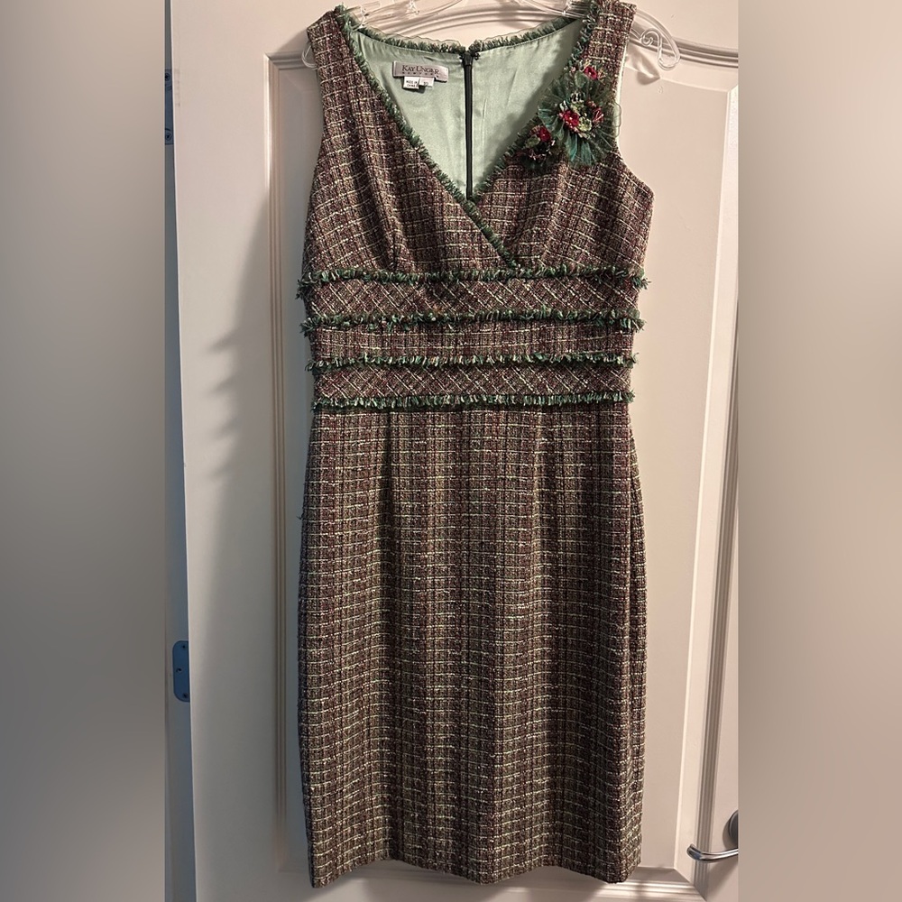Kay Unger Tweed Midi Dress with Green Highlights